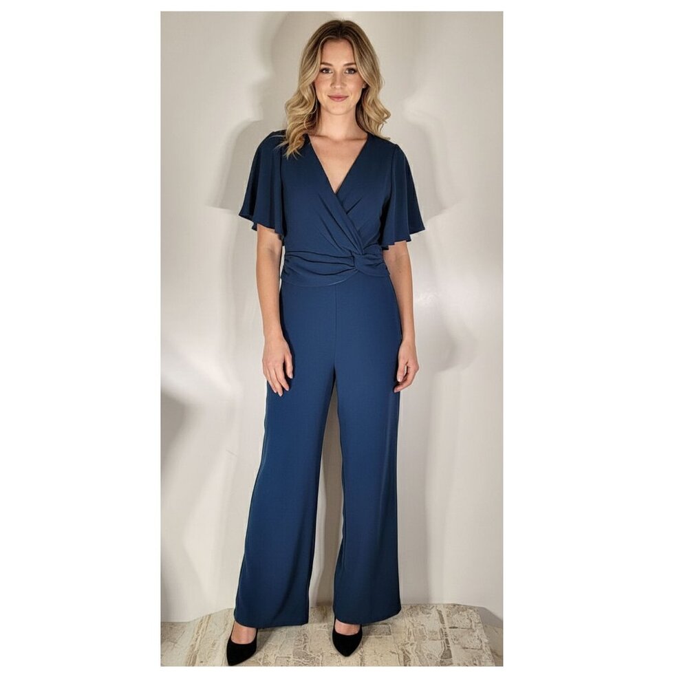 Harlyn V-Neck Jumpsuit with Twisted Waist Detail, Blue, Womens Size X-Small